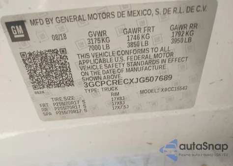 2018 Chevrolet Silverado 1500 1Lt z USA, uszkodzony, nr VIN 3GCPCRECXJG507689